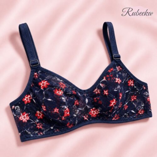 Navy Blue Floral Printed Ladies Bra with Lace-Style Texture