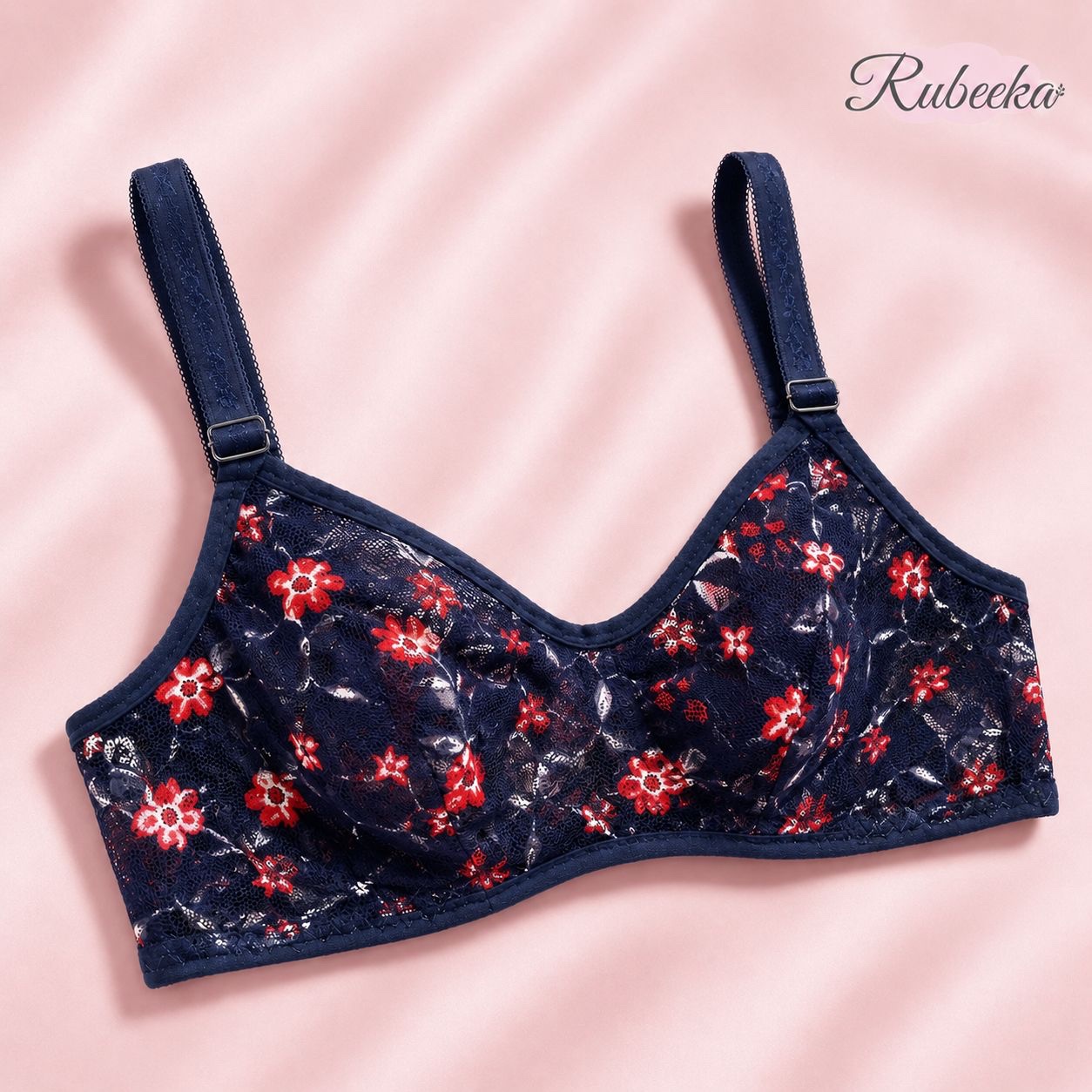 0d45657c-9b23-46db-83de-04967d34d6b9 Navy Blue Floral Printed Ladies Bra with Lace-Style Texture - Image 1