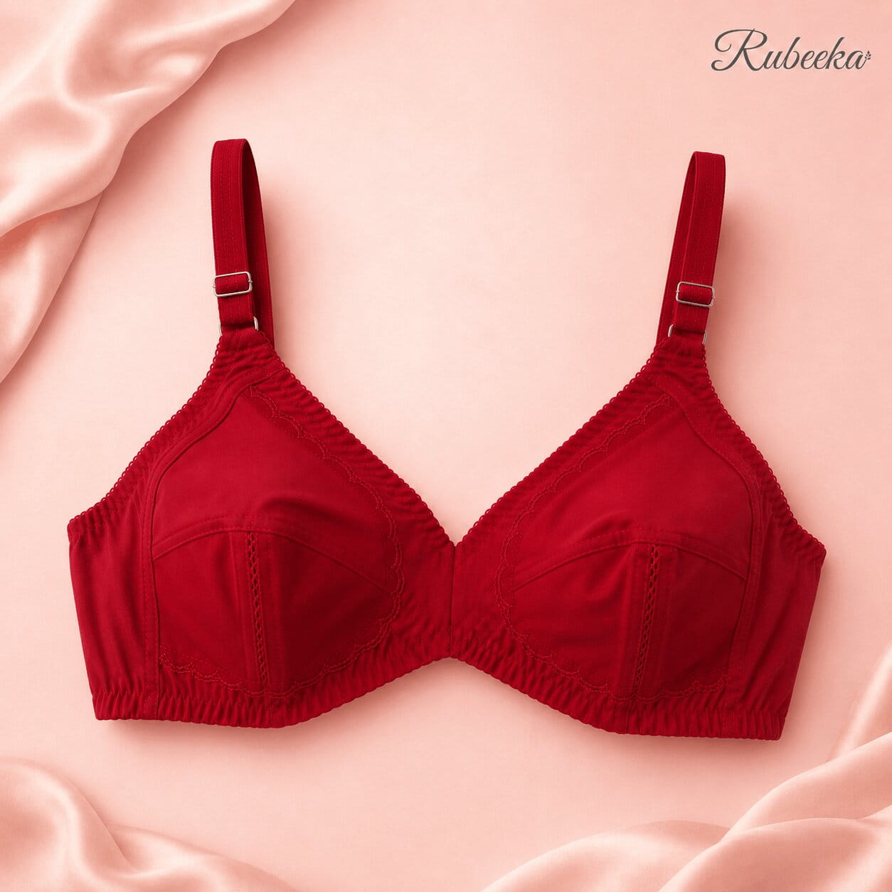 Deep Red-Lace-Style-Ladies-Bra-with-Net-Detail 1 (1) Deep Red Classic Ladies Bra with Scalloped Stitch Detail - Image 1
